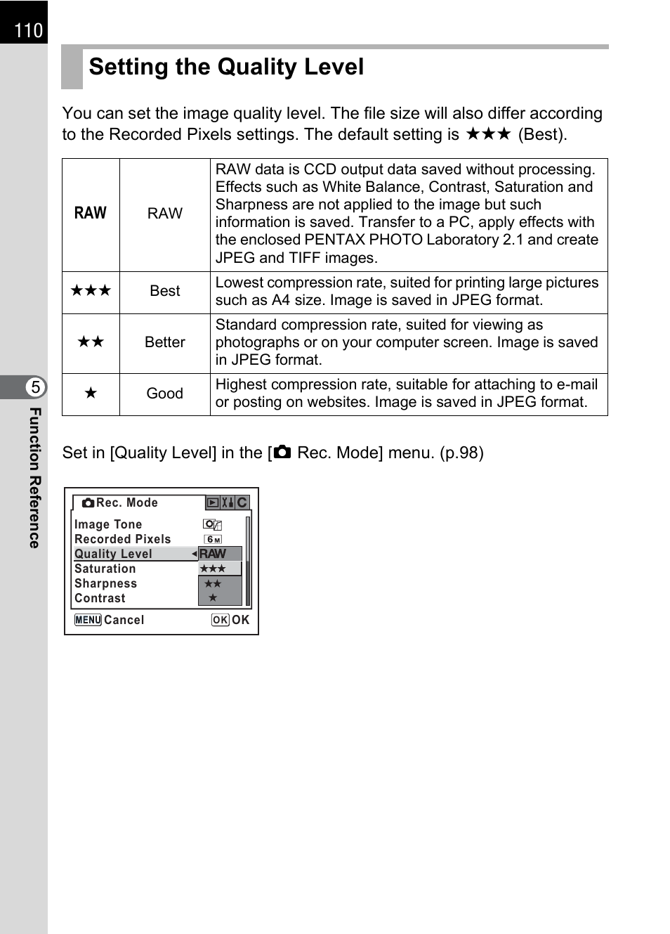 Setting the quality level, L (p.110, P.110) | P.110 | Pentax DS2 User Manual | Page 112 / 212