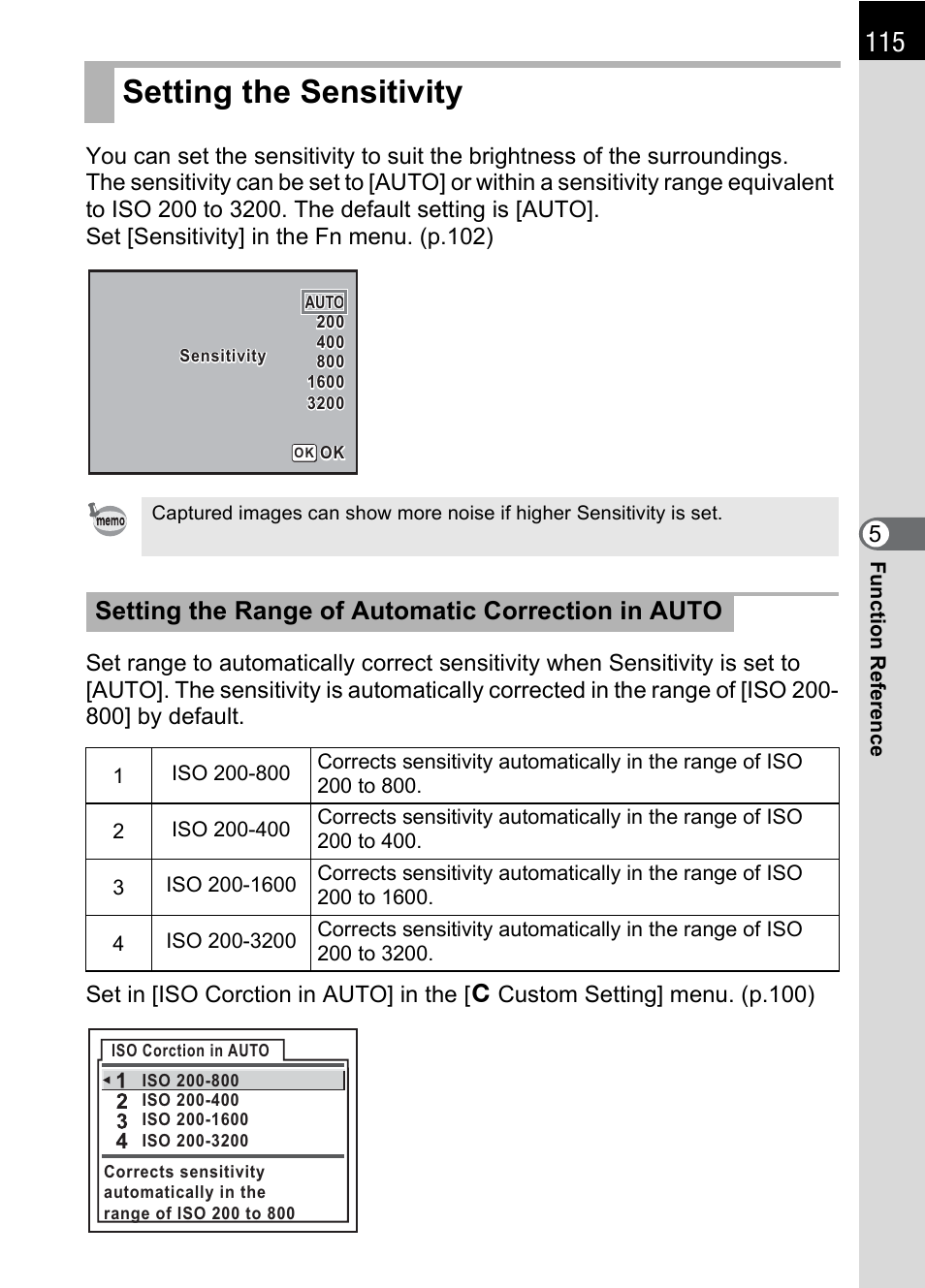 Setting the sensitivity, P.115, P.115) | Setting the range of automatic correction in auto | Pentax DS2 User Manual | Page 117 / 212