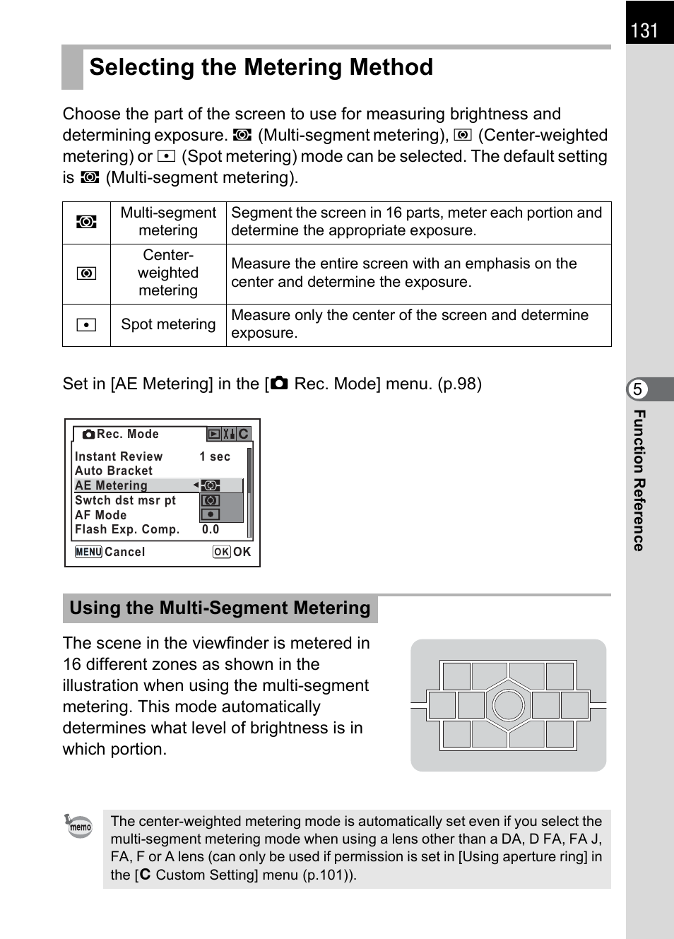 Selecting the metering method, P.131, P.131) | Using the multi-segment metering | Pentax DS2 User Manual | Page 133 / 212