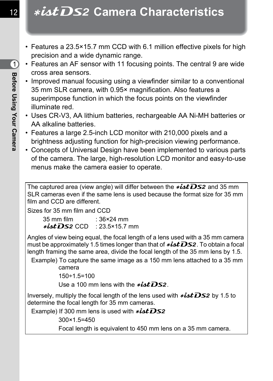 Istds2 camera characteristics, Camera characteristics, Ucamera characteristics | Pentax DS2 User Manual | Page 14 / 212