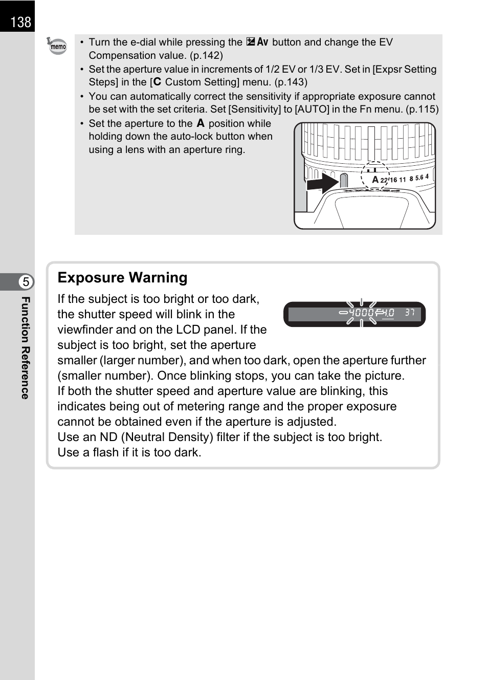Exposure warning | Pentax DS2 User Manual | Page 140 / 212