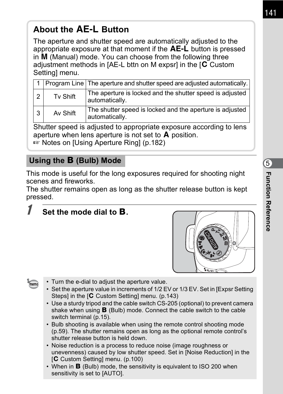 P.141), P.141, About the l button | Set the mode dial to p . using the p (bulb) mode | Pentax DS2 User Manual | Page 143 / 212