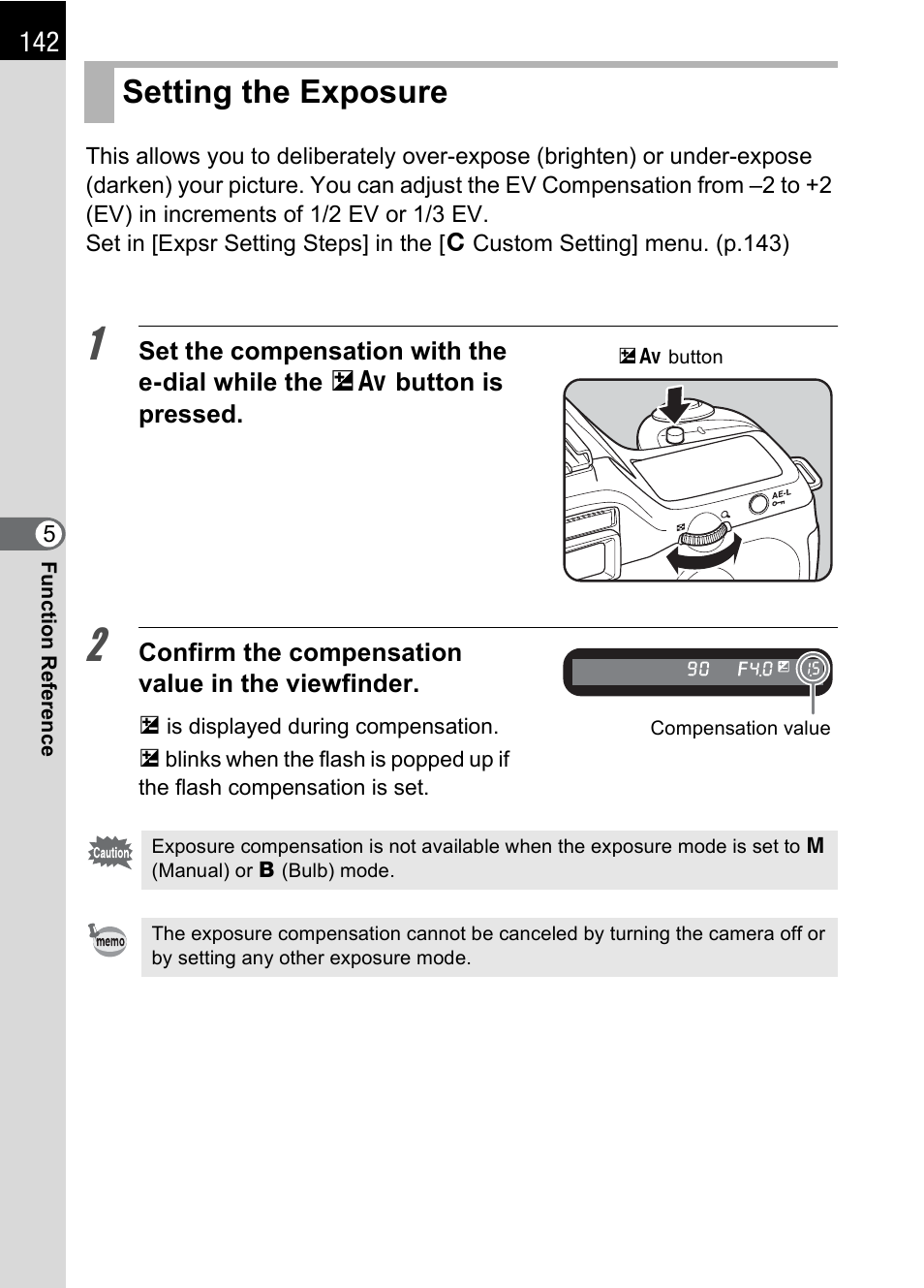 Setting the exposure, P.142), On (p.142) | Pentax DS2 User Manual | Page 144 / 212