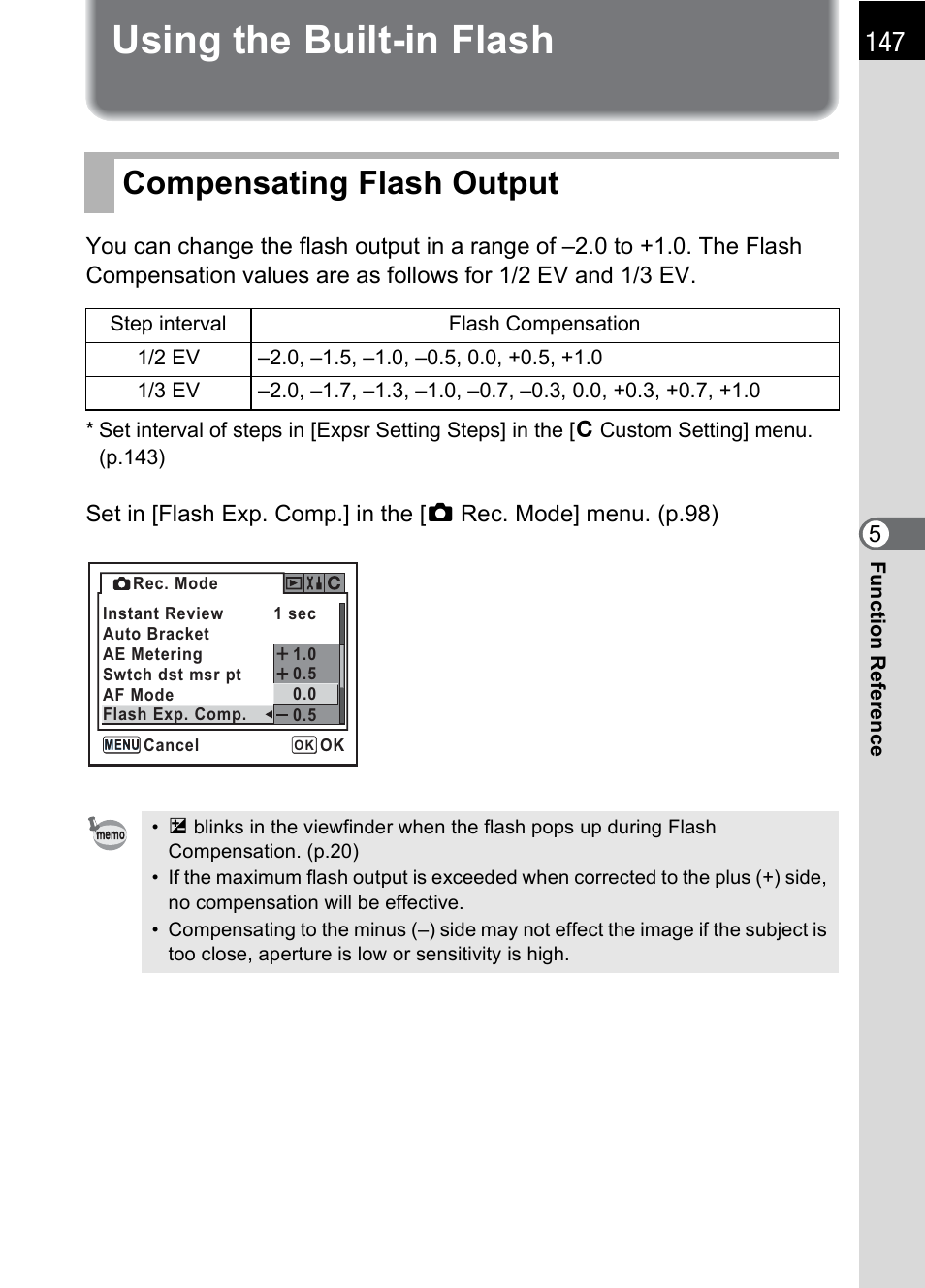 Using the built-in flash, Compensating flash output, P.147 | Pentax DS2 User Manual | Page 149 / 212