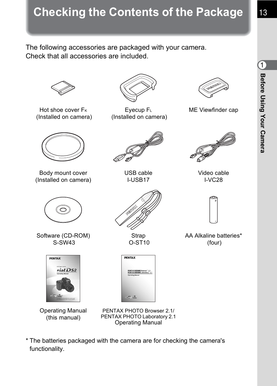 Checking the contents of the package | Pentax DS2 User Manual | Page 15 / 212