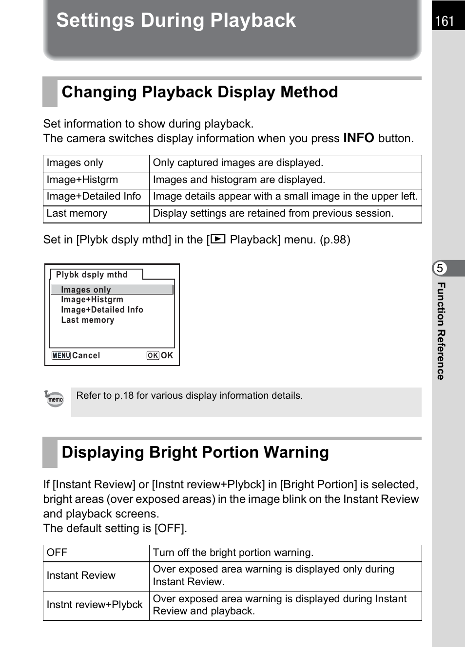 Settings during playback, Changing playback display method, Displaying bright portion warning | P.161, P.161) | Pentax DS2 User Manual | Page 163 / 212