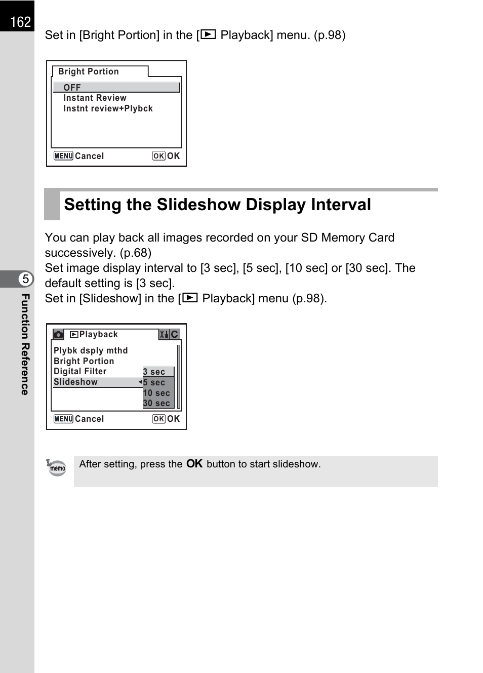 Setting the slideshow display interval | Pentax DS2 User Manual | Page 164 / 212