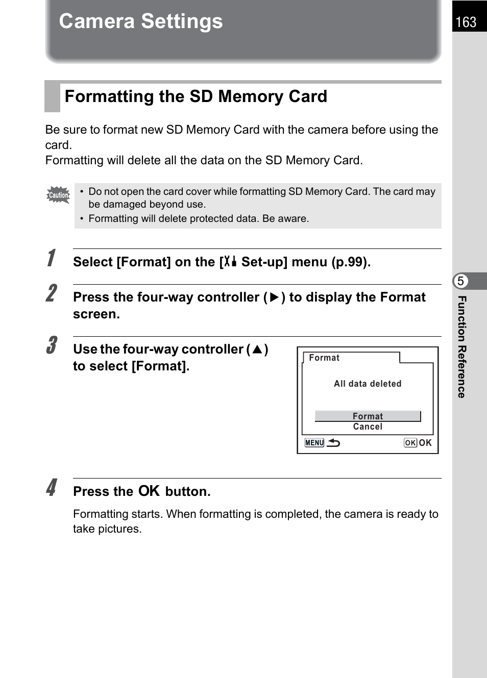 Camera settings, Formatting the sd memory card, P.163 | Pentax DS2 User Manual | Page 165 / 212