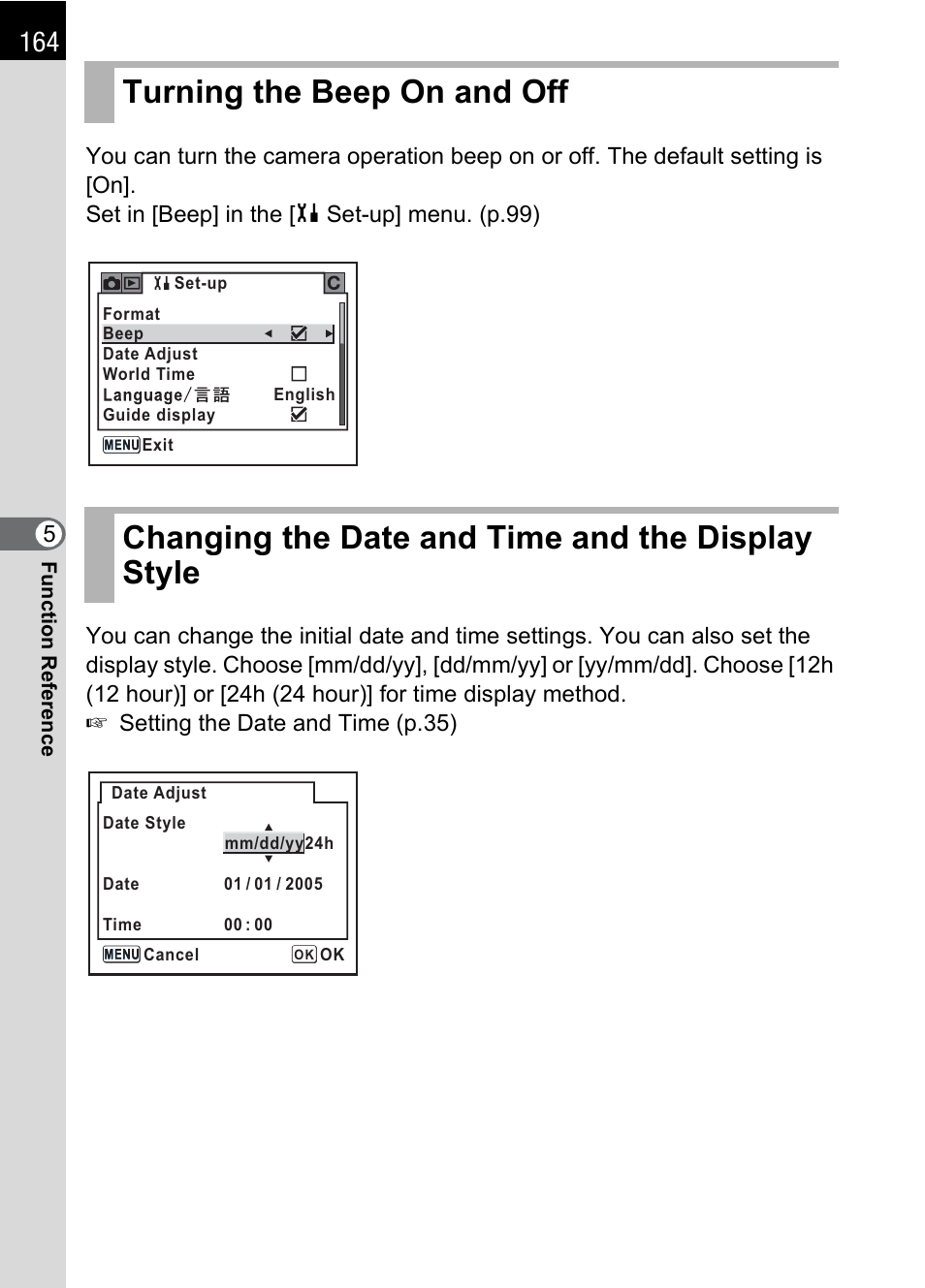 Turning the beep on and off, Changing the date and time and the display style, P.164) | P.164 | Pentax DS2 User Manual | Page 166 / 212