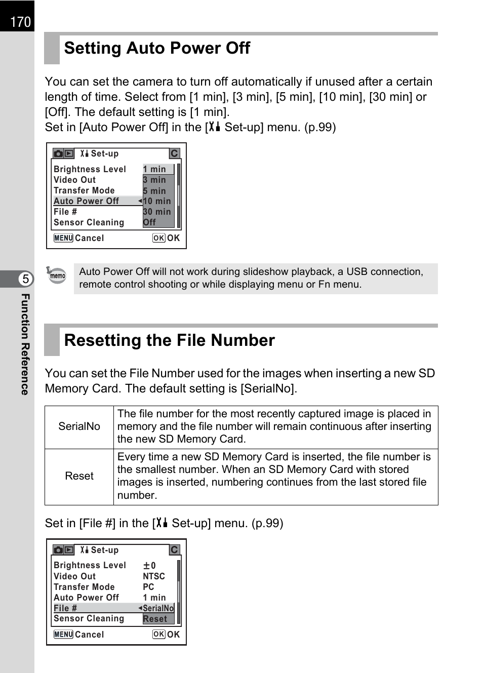 Setting auto power off, Resetting the file number, Setting auto power off resetting the file number | Er (p.170), P.170 | Pentax DS2 User Manual | Page 172 / 212