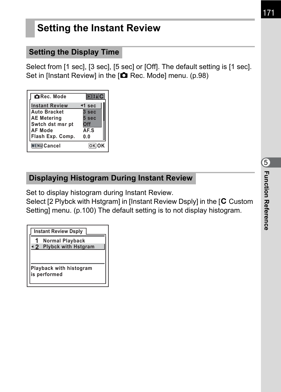 Setting the instant review, Setting the display time (p.171), P.171 | Pentax DS2 User Manual | Page 173 / 212