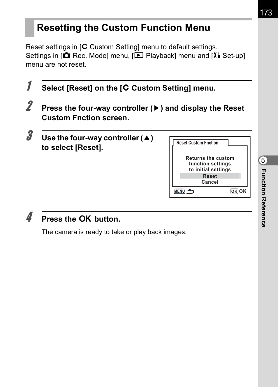 Resetting the custom function menu, P.173 | Pentax DS2 User Manual | Page 175 / 212