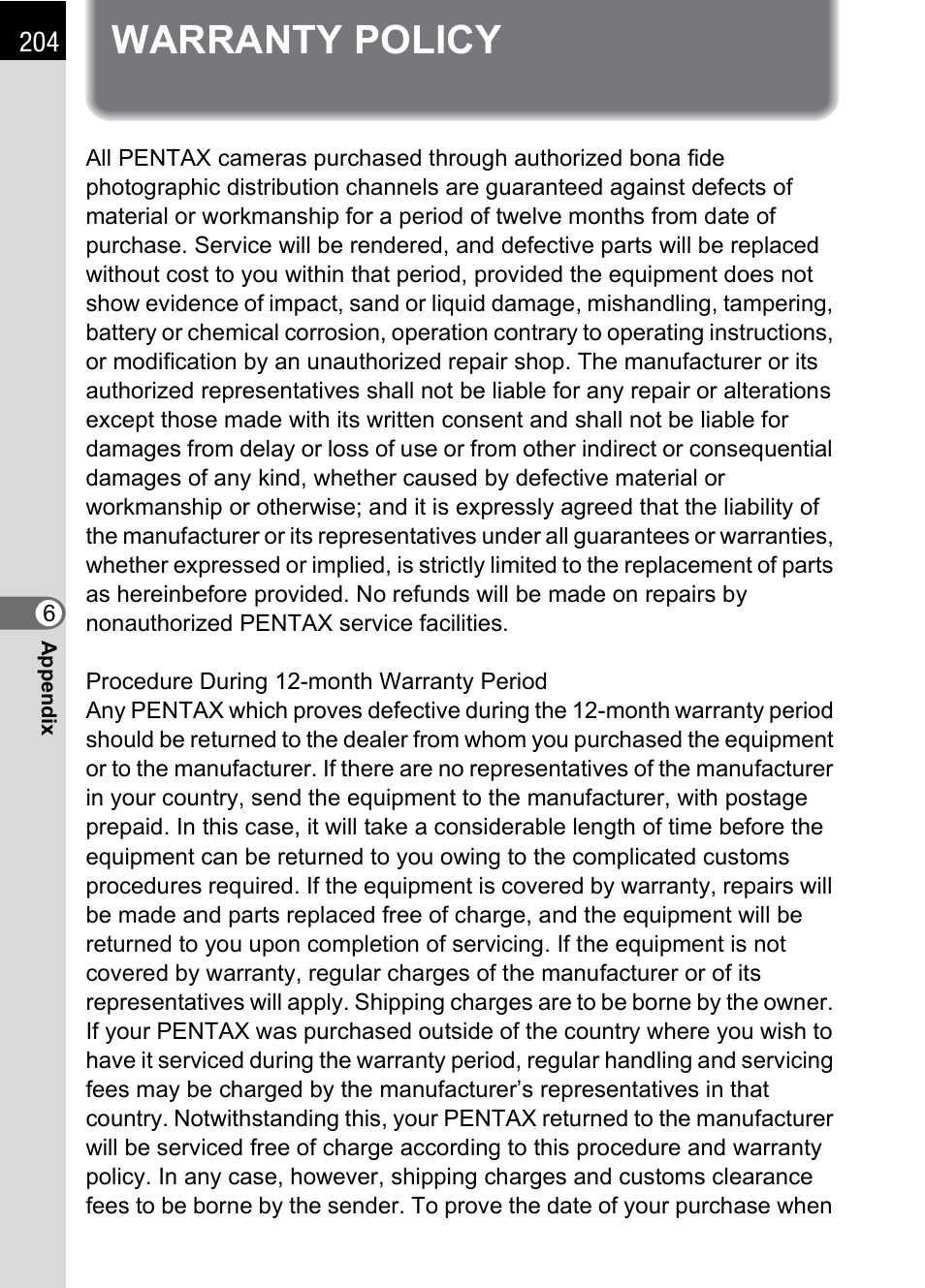 Warranty policy | Pentax DS2 User Manual | Page 206 / 212