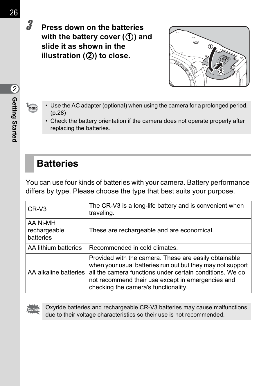 Batteries, Batteries” (p.26) | Pentax DS2 User Manual | Page 28 / 212