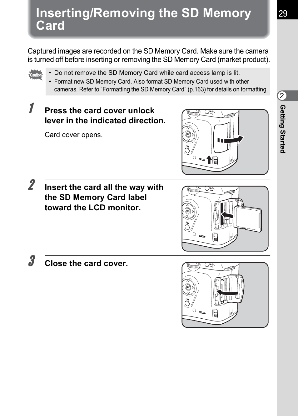 Inserting/removing the sd memory card | Pentax DS2 User Manual | Page 31 / 212