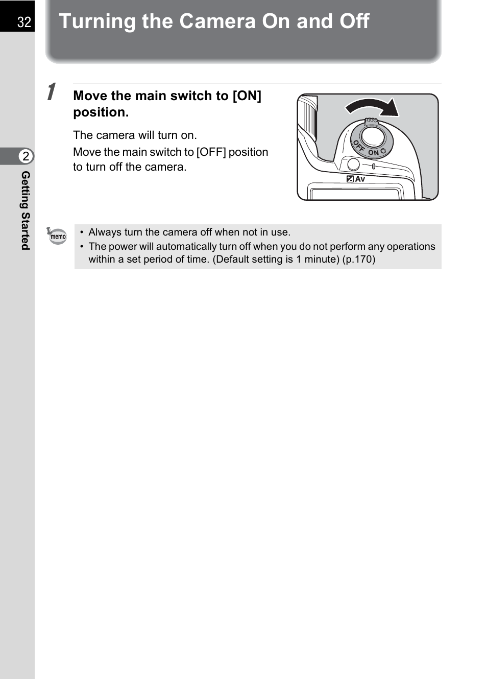 Turning the camera on and off | Pentax DS2 User Manual | Page 34 / 212