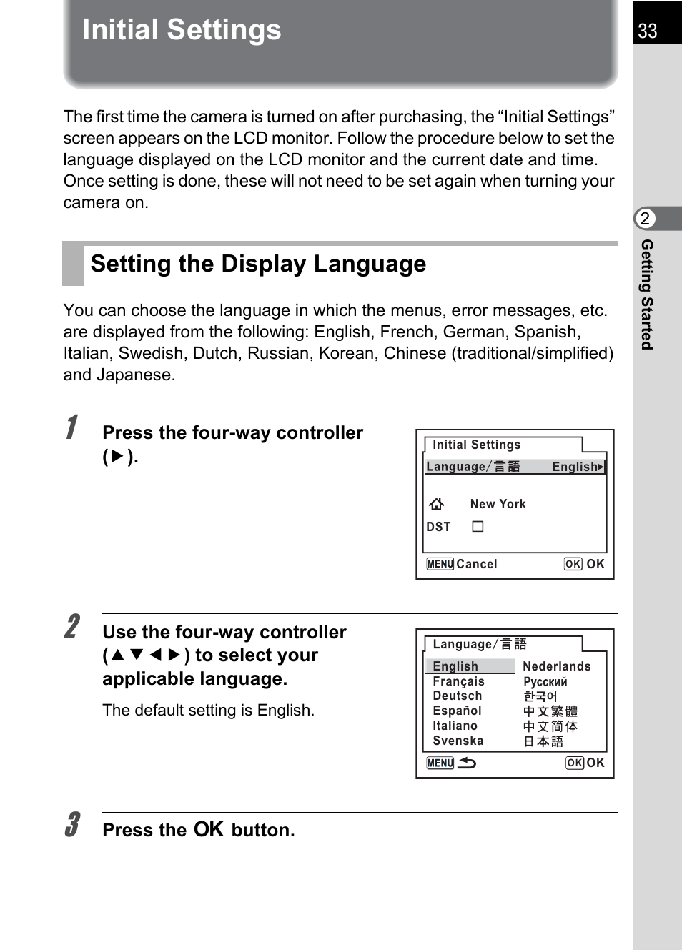 Initial settings, Setting the display language | Pentax DS2 User Manual | Page 35 / 212