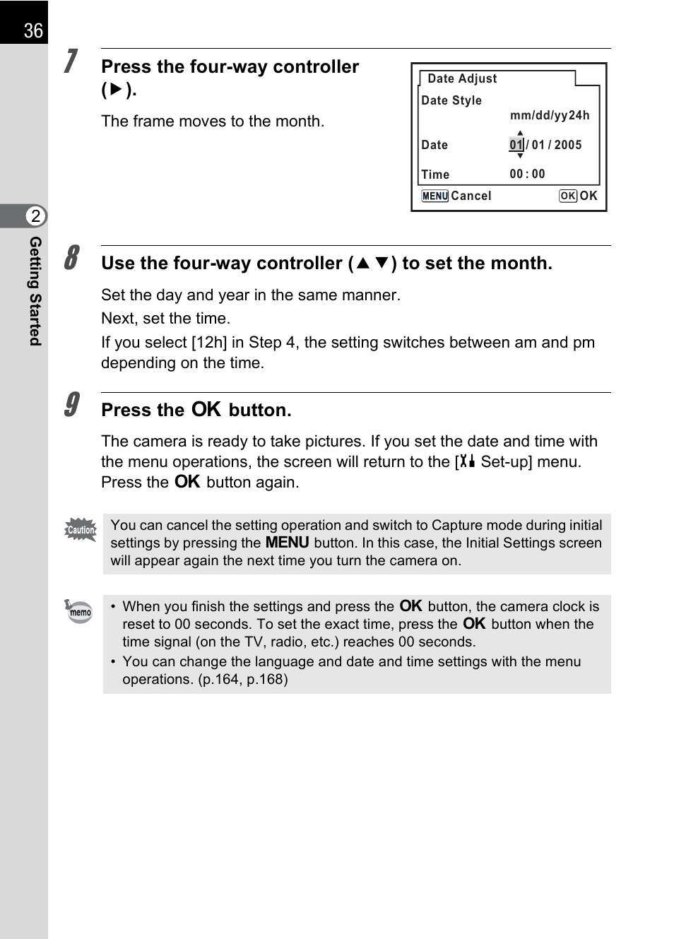 Press the four-way controller ( 5 ), Press the 4 button | Pentax DS2 User Manual | Page 38 / 212