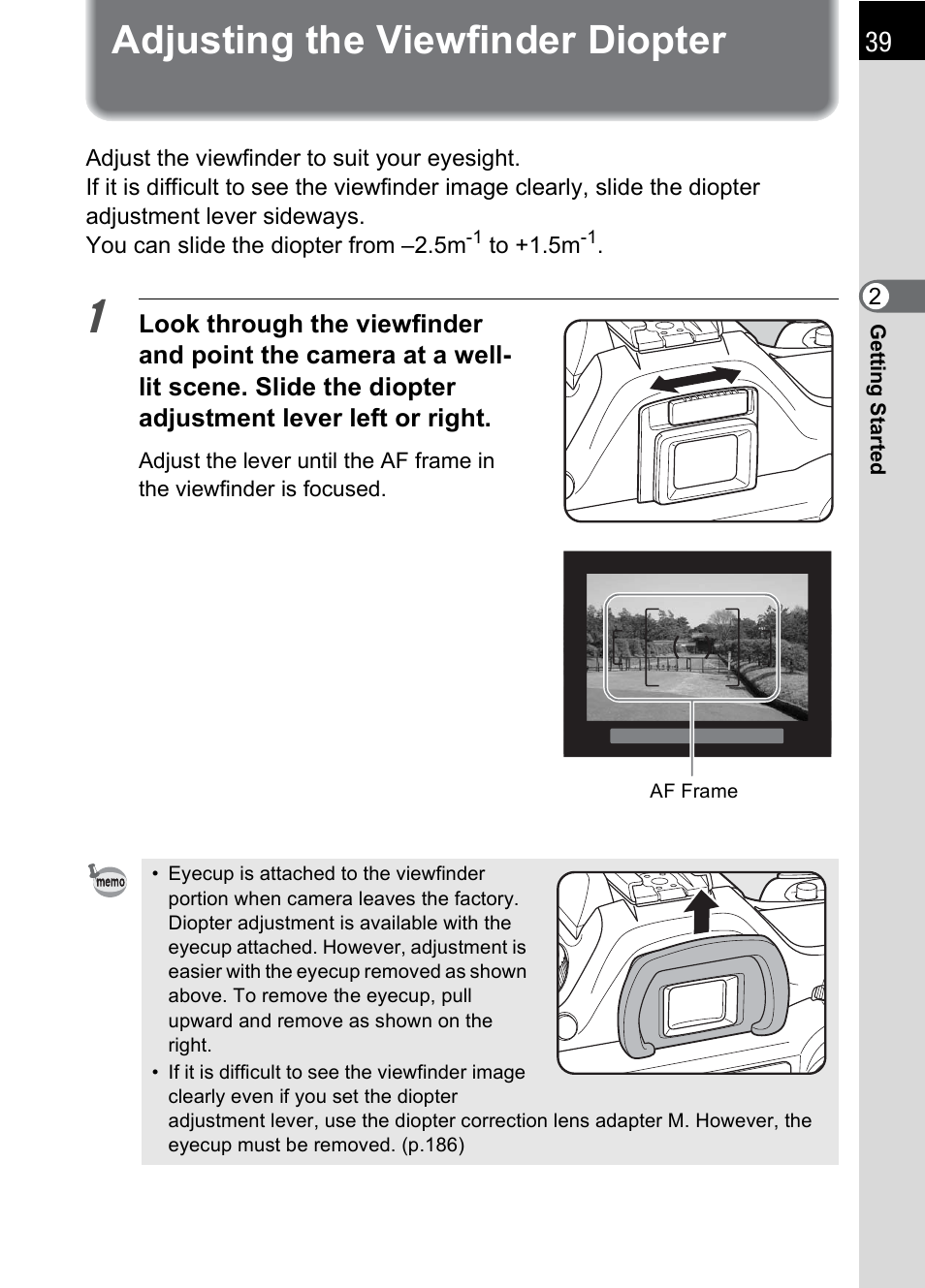 Adjusting the viewfinder diopter, P.39) | Pentax DS2 User Manual | Page 41 / 212