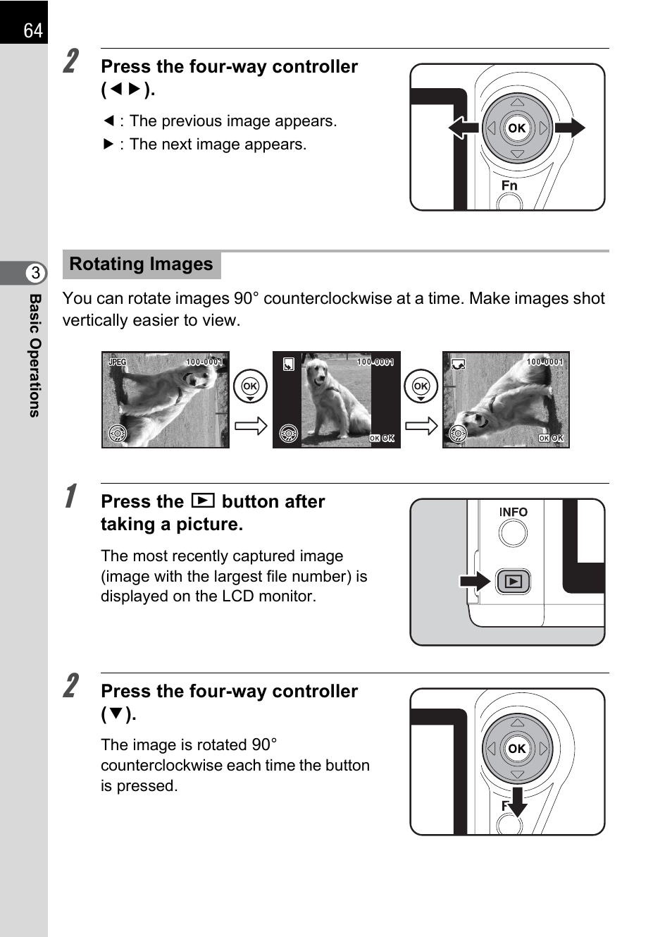 P.64), Press the four-way controller ( 45 ), Press the q button after taking a picture | Press the four-way controller ( 3 ), Rotating images | Pentax DS2 User Manual | Page 66 / 212