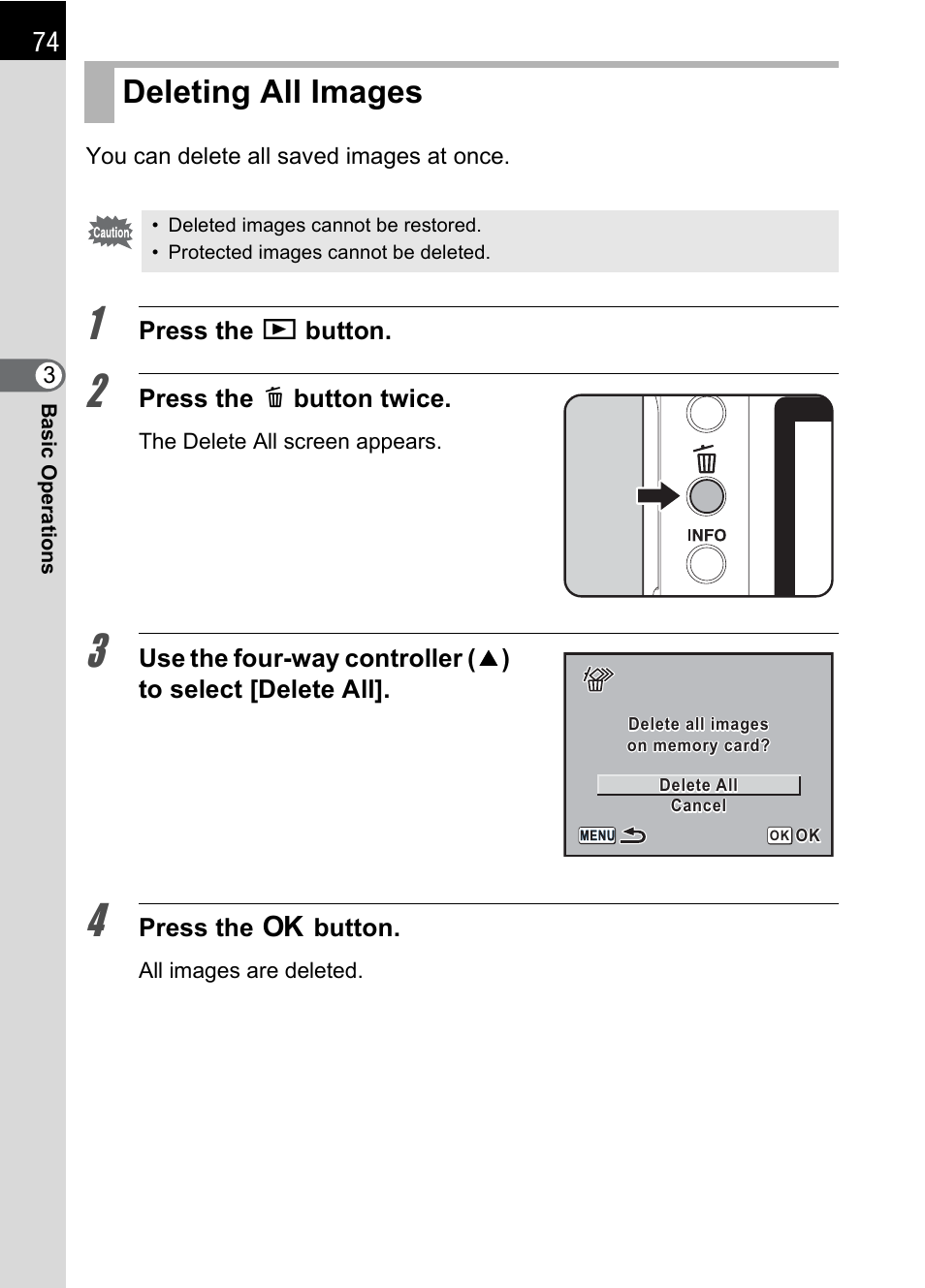 Deleting all images | Pentax DS2 User Manual | Page 76 / 212