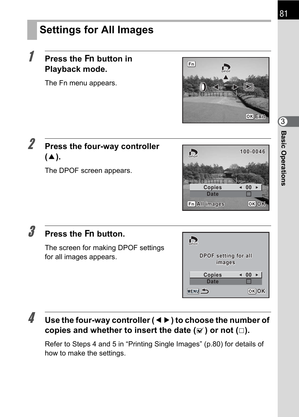 Settings for all images, Press the { button in playback mode, Press the four-way controller ( 2 ) | Press the { button | Pentax DS2 User Manual | Page 83 / 212