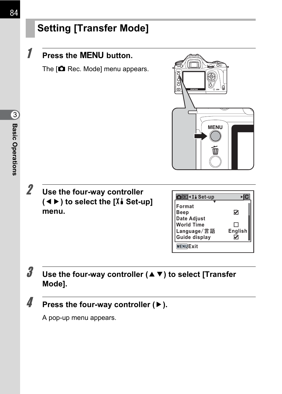 Setting [transfer mode, E] (p.84) | Pentax DS2 User Manual | Page 86 / 212