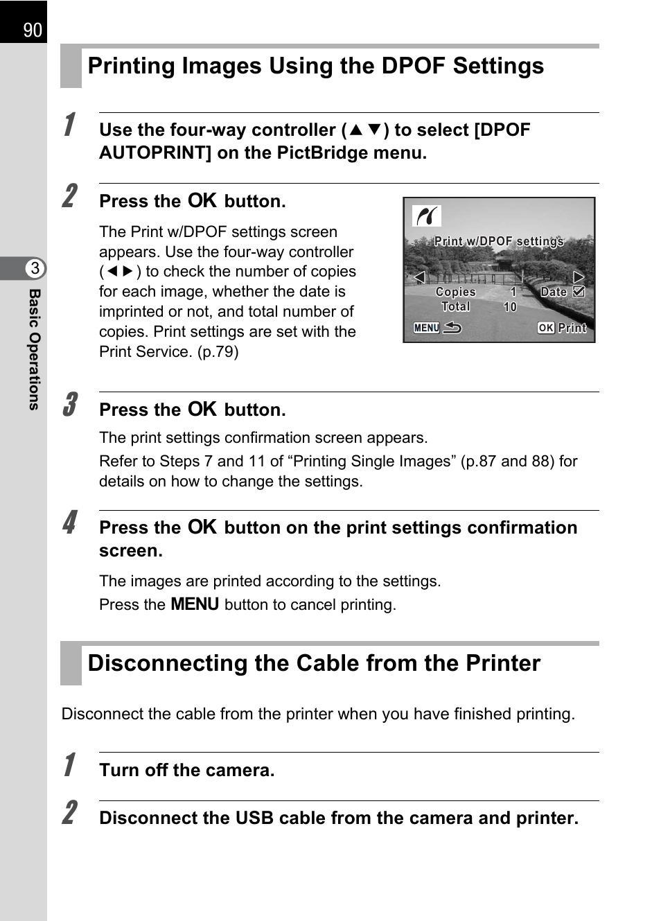 Printing images using the dpof settings, Disconnecting the cable from the printer, P.90) | Pentax DS2 User Manual | Page 92 / 212