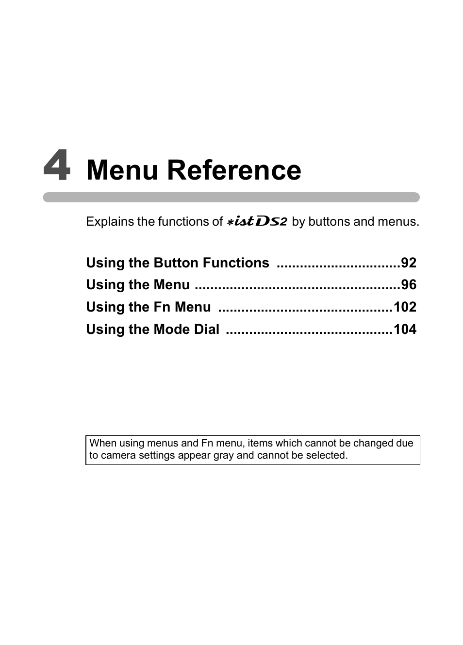 4 menu reference, Menu reference | Pentax DS2 User Manual | Page 93 / 212