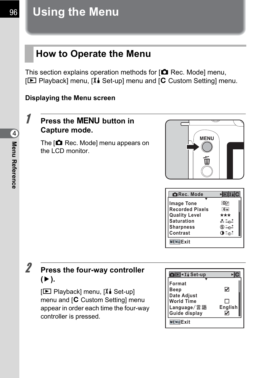 Using the menu, How to operate the menu | Pentax DS2 User Manual | Page 98 / 212