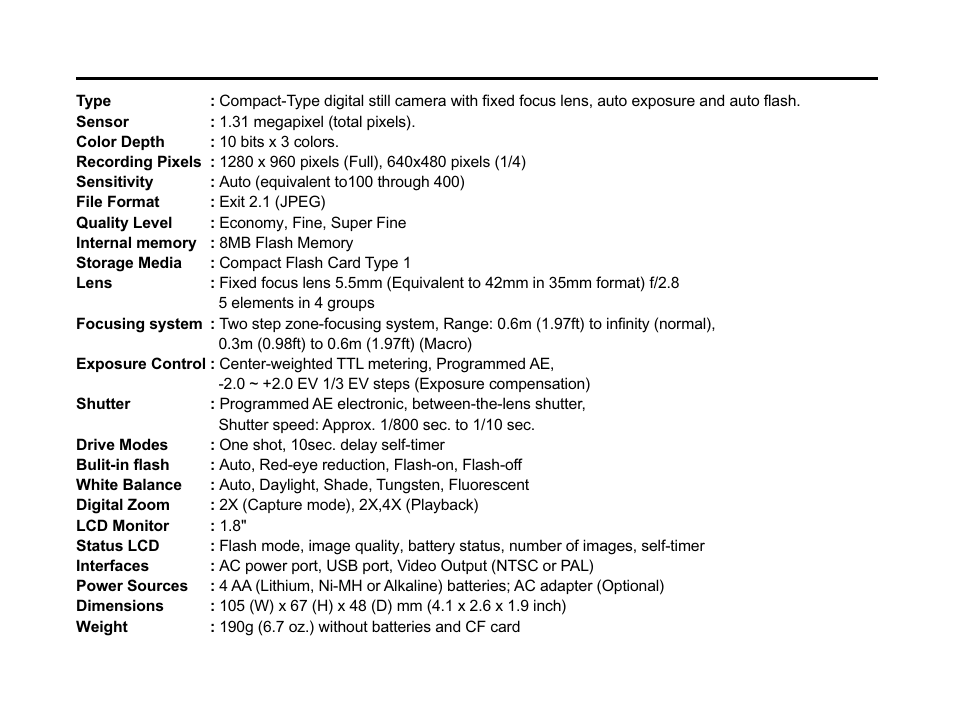 Specification | Pentax EL-100 User Manual | Page 26 / 28