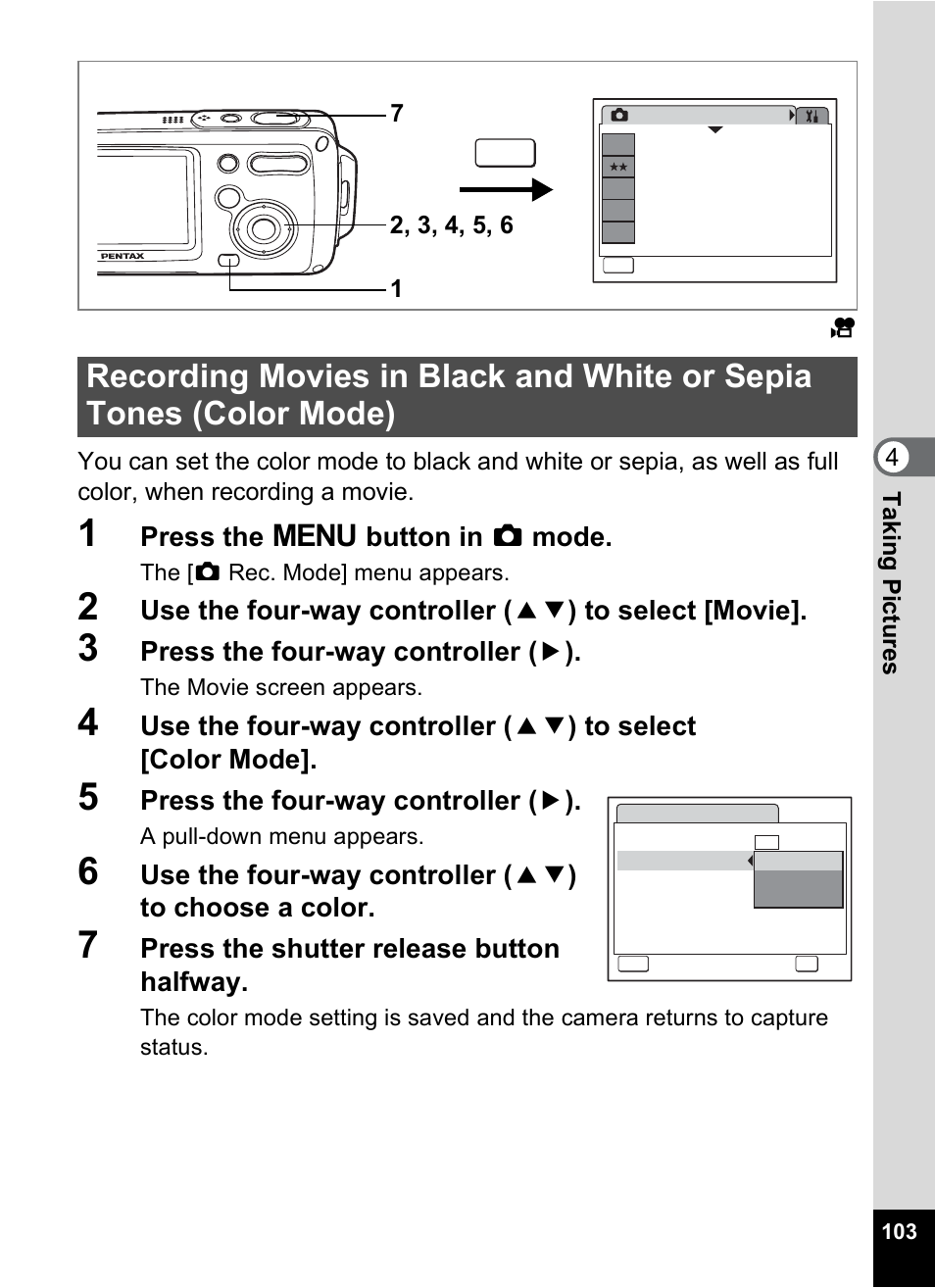 P.103, Press the 3 button in a mode, Press the four-way controller ( 5 ) | Press the shutter release button halfway | Pentax OptioWP User Manual | Page 105 / 188