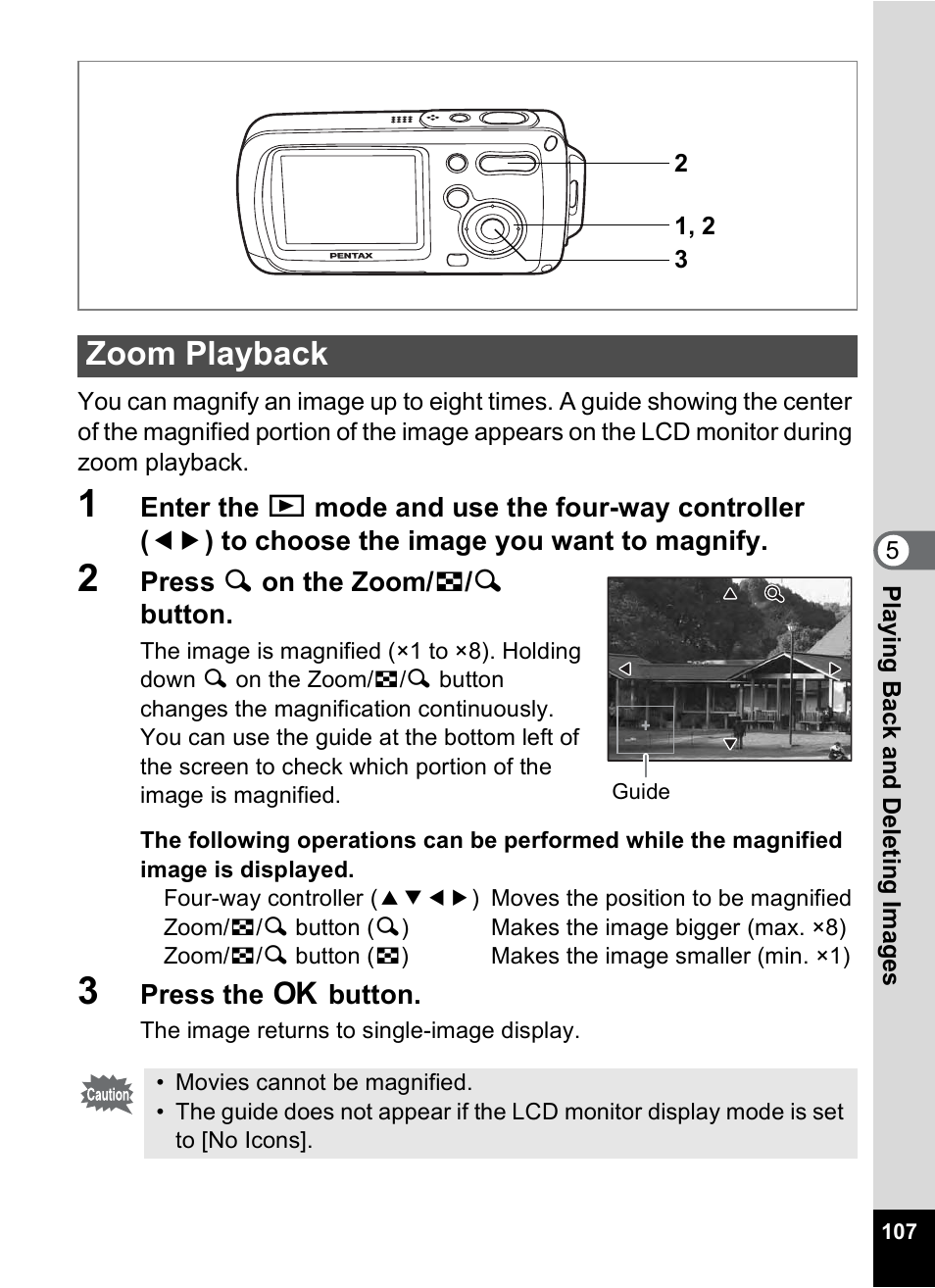 Zoom playback, P.107), P.107 | Pentax OptioWP User Manual | Page 109 / 188