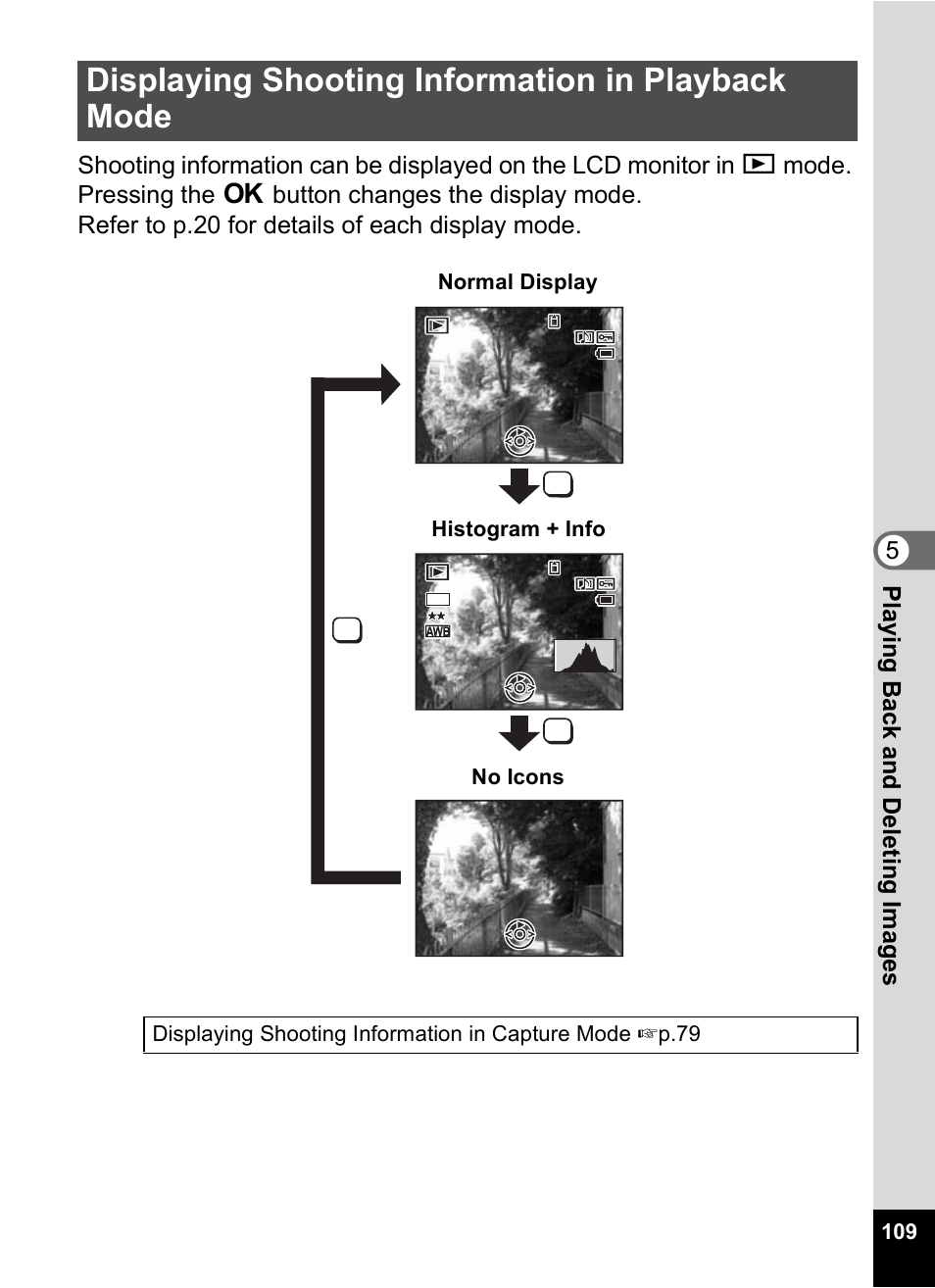 Displaying shooting information in playback mode, 1p.109), P.109 | Normal display histogram + info no icons | Pentax OptioWP User Manual | Page 111 / 188