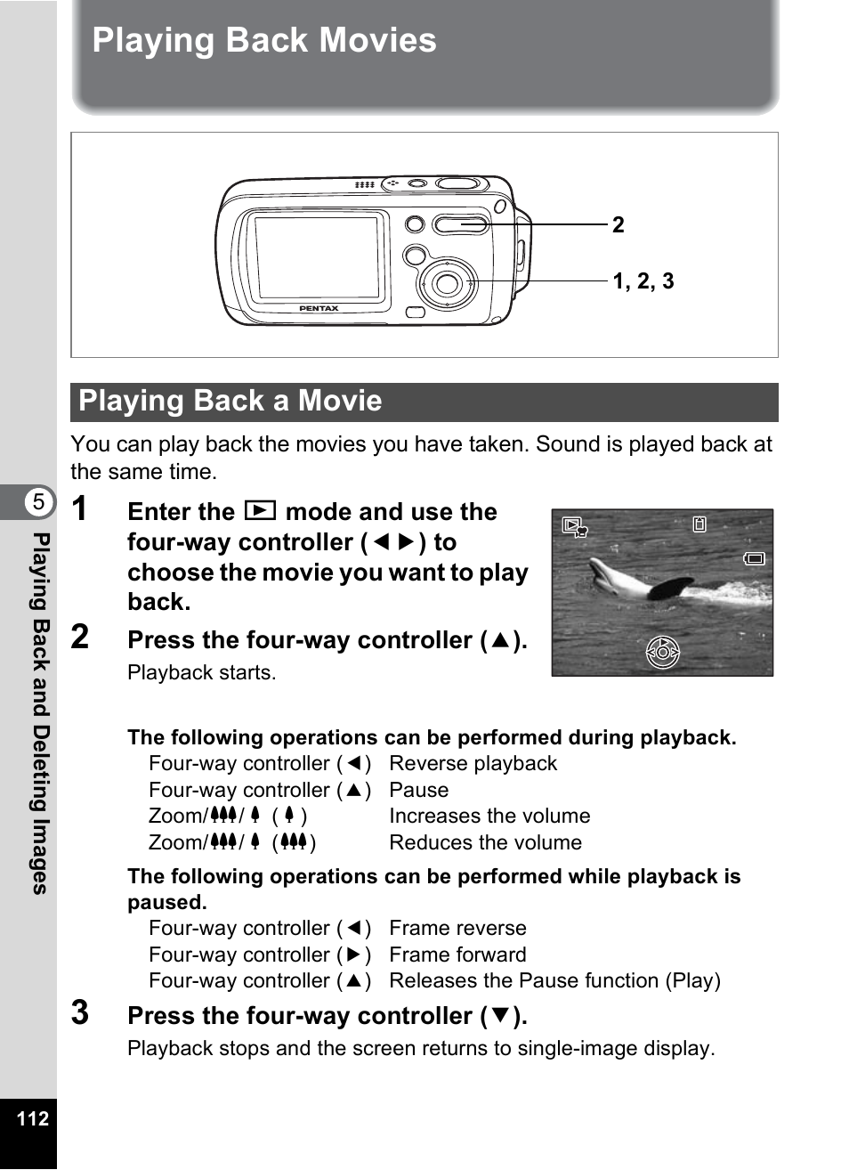 Playing back movies, Playing back a movie, P.112 | P.112) | Pentax OptioWP User Manual | Page 114 / 188