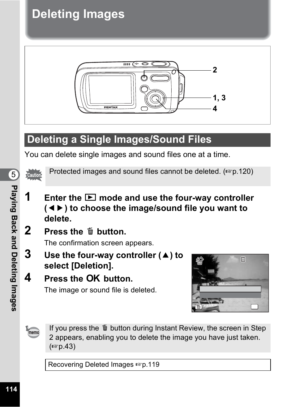 Deleting images, Deleting a single images/sound files, P.114) | Pentax OptioWP User Manual | Page 116 / 188