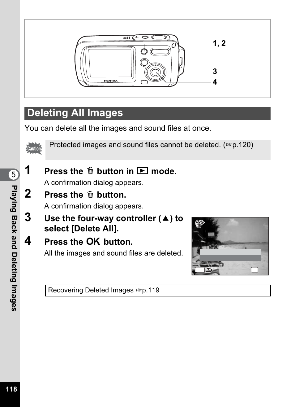 Deleting all images | Pentax OptioWP User Manual | Page 120 / 188