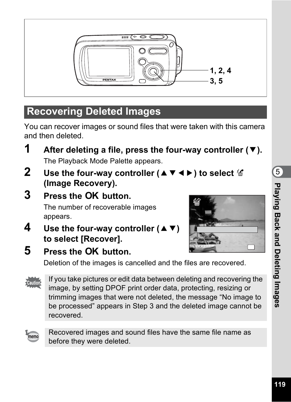Recovering deleted images, 1p.119), P.119 | Pentax OptioWP User Manual | Page 121 / 188