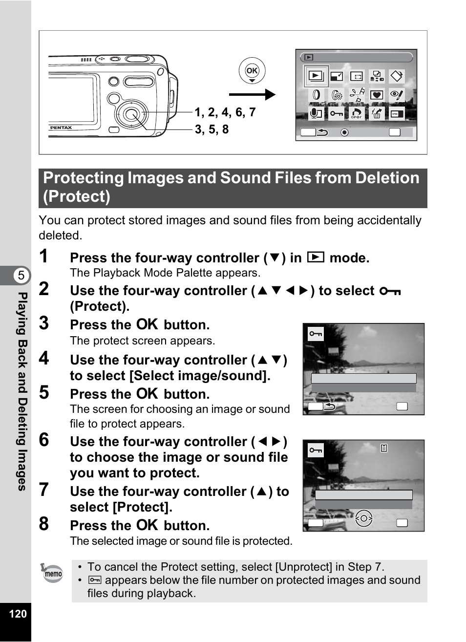 P.120, P.120), Press the four-way controller ( 3 ) in q mode | Press the 4 button | Pentax OptioWP User Manual | Page 122 / 188