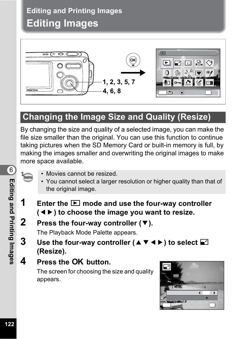 Editing and printing images, Editing images, Changing the image size and quality (resize) | 122) and, P.122) and no, 1 p.122), trimm, P.122, Press the four-way controller ( 3 ), Press the 4 button | Pentax OptioWP User Manual | Page 124 / 188
