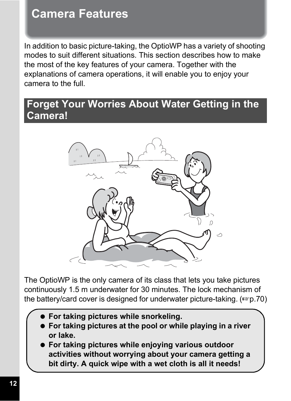 Camera features | Pentax OptioWP User Manual | Page 14 / 188
