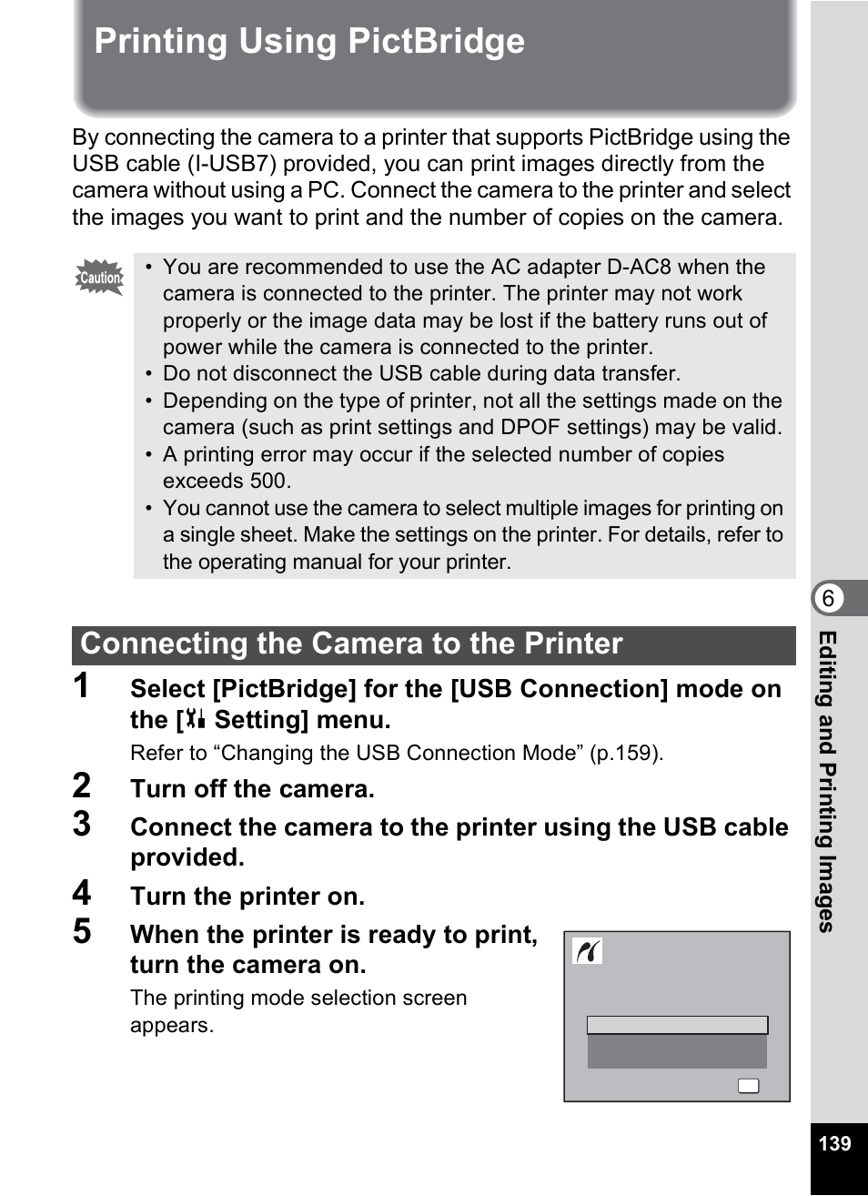 Printing using pictbridge, Connecting the camera to the printer | Pentax OptioWP User Manual | Page 141 / 188