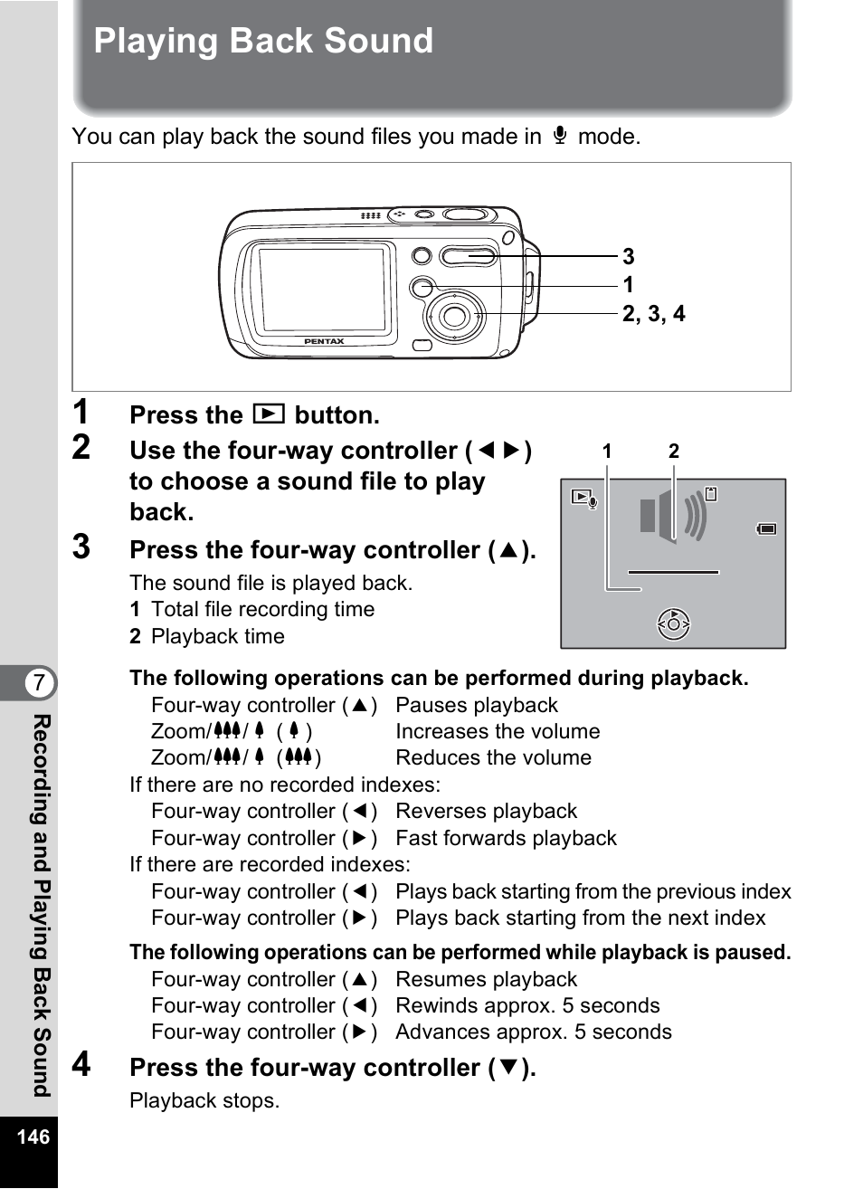Playing back sound, P.146, P.146) | Pentax OptioWP User Manual | Page 148 / 188