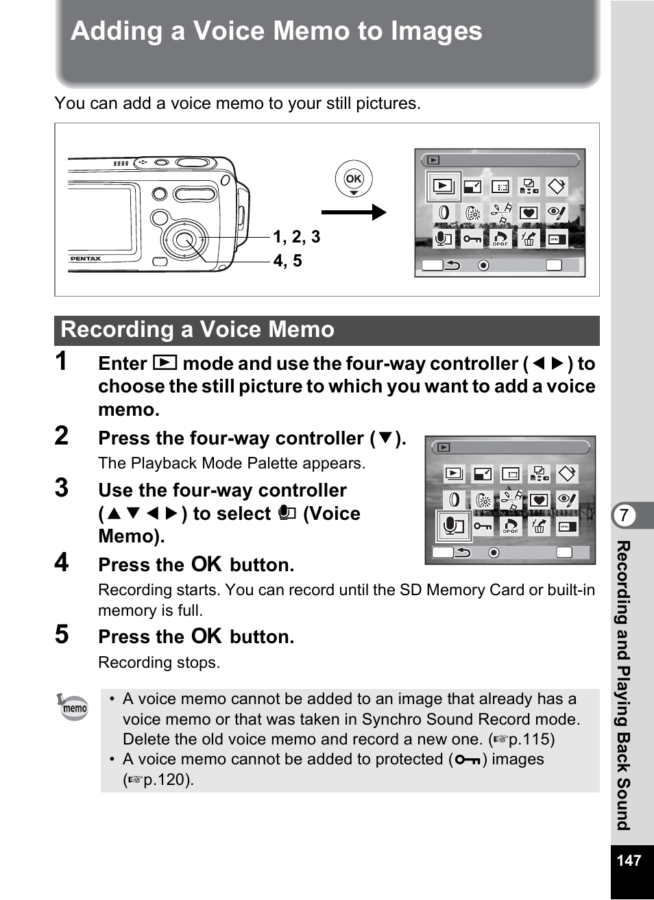 Adding a voice memo to images, Recording a voice memo, P.147 | Press the four-way controller ( 3 ), Press the 4 button | Pentax OptioWP User Manual | Page 149 / 188