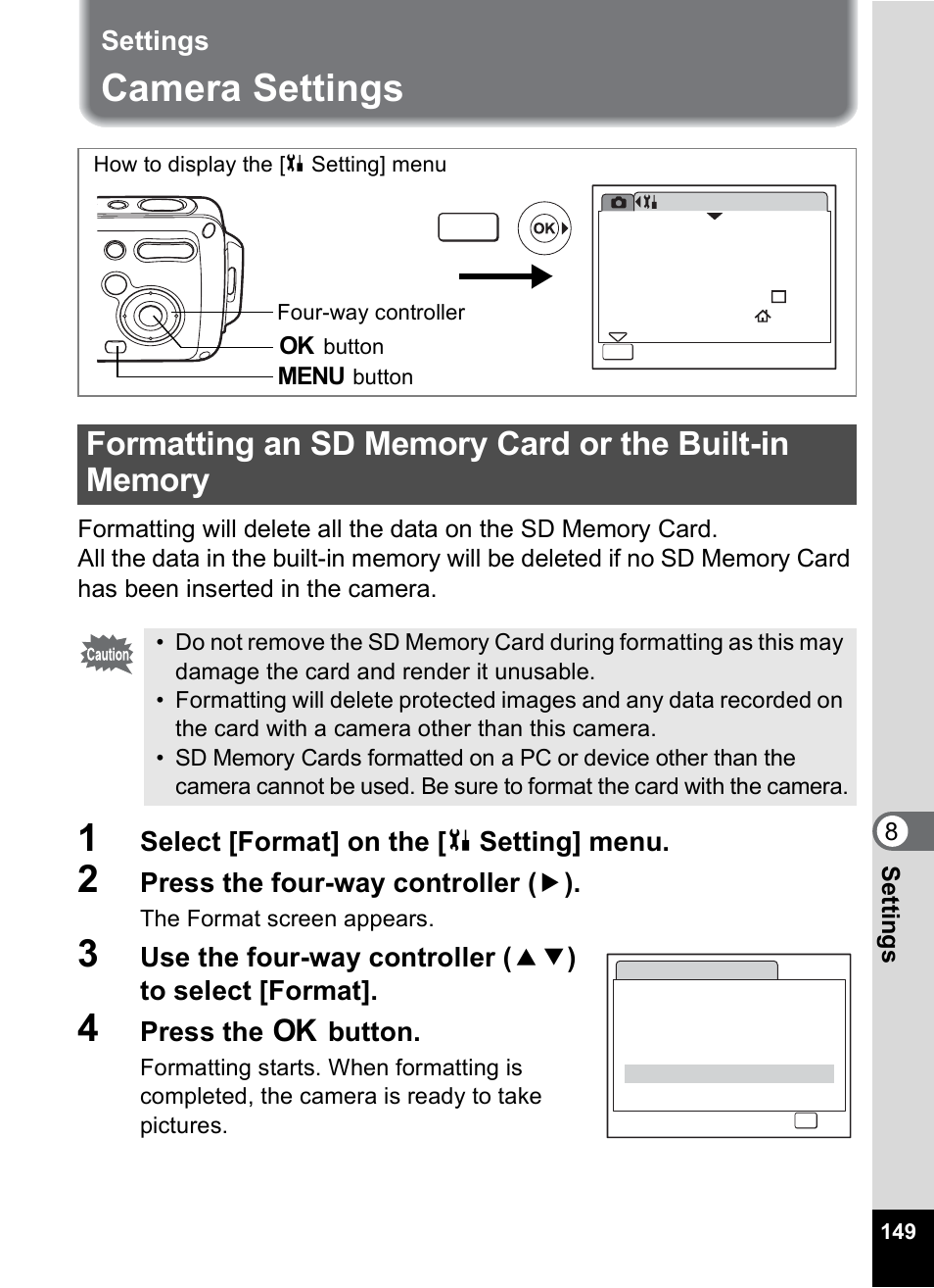 Settings, Camera settings, P.149 | Select [format] on the [ u setting] menu, Press the four-way controller ( 5 ), Press the 4 button | Pentax OptioWP User Manual | Page 151 / 188