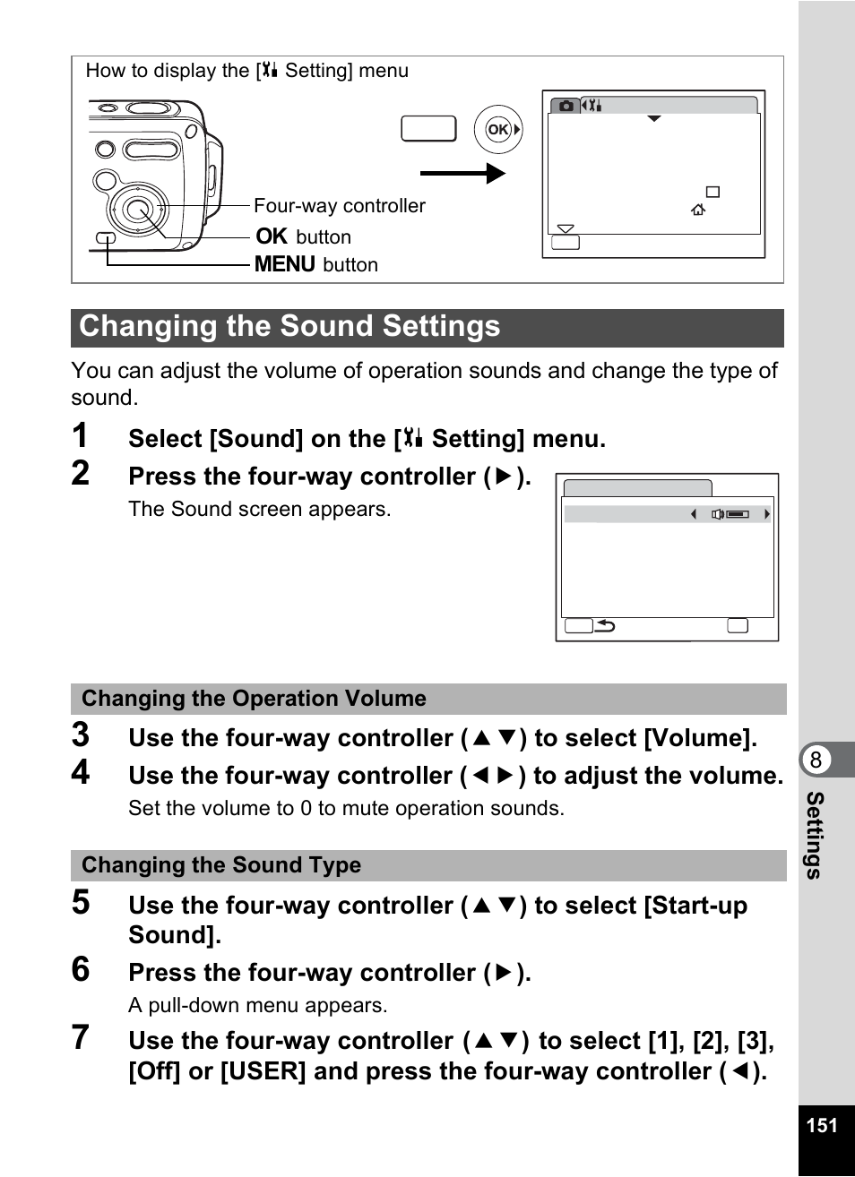 Changing the sound settings, P.151, Select [sound] on the [ u setting] menu | Press the four-way controller ( 5 ) | Pentax OptioWP User Manual | Page 153 / 188