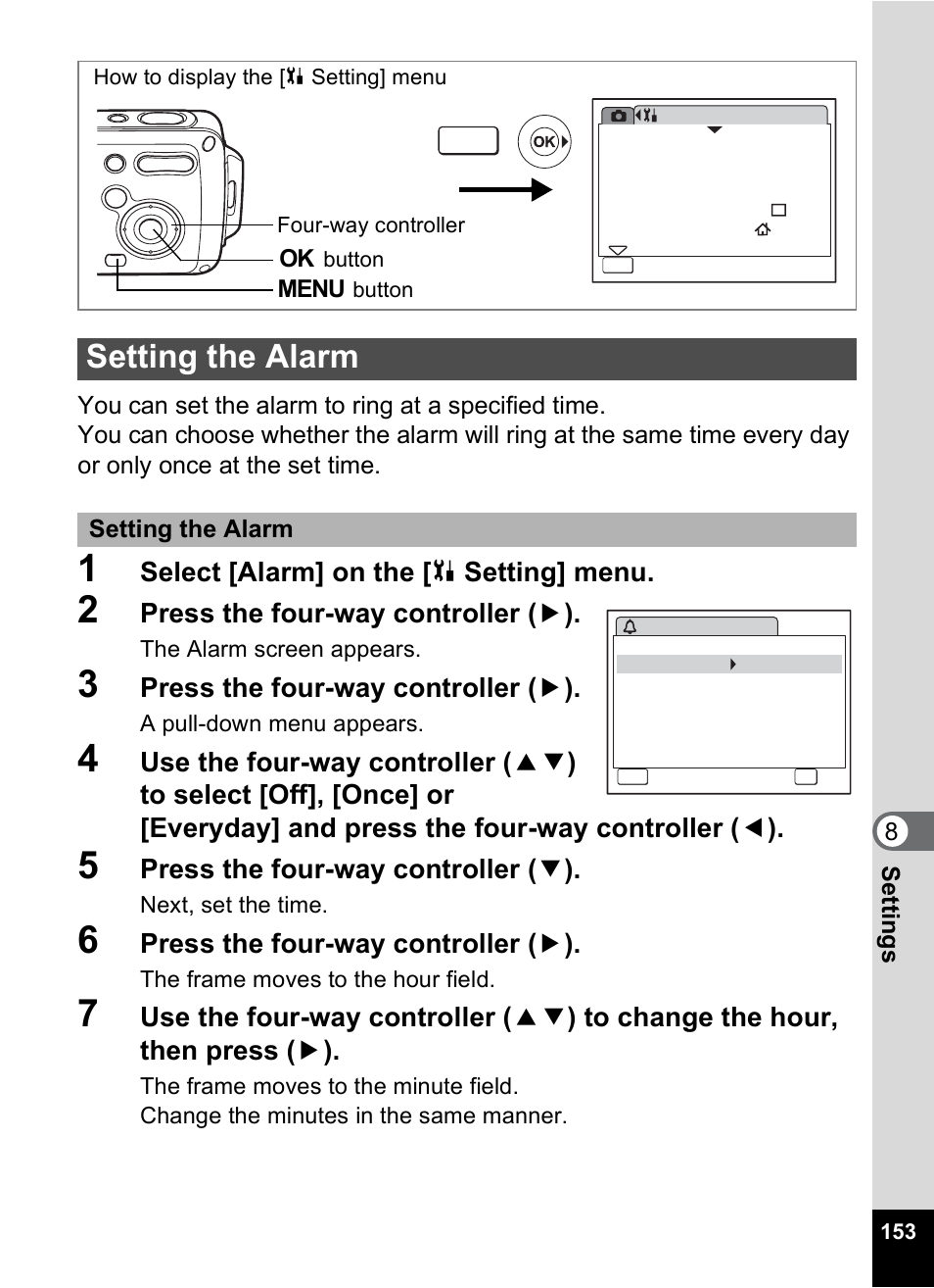 Setting the alarm, P.153, Select [alarm] on the [ u setting] menu | Press the four-way controller ( 5 ), Press the four-way controller ( 3 ) | Pentax OptioWP User Manual | Page 155 / 188