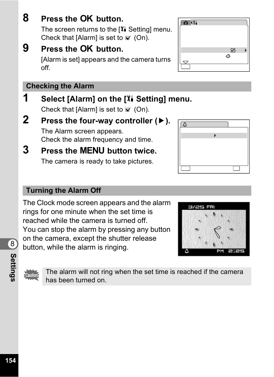 Press the 4 button, Select [alarm] on the [ u setting] menu, Press the four-way controller ( 5 ) | Press the 3 button twice | Pentax OptioWP User Manual | Page 156 / 188
