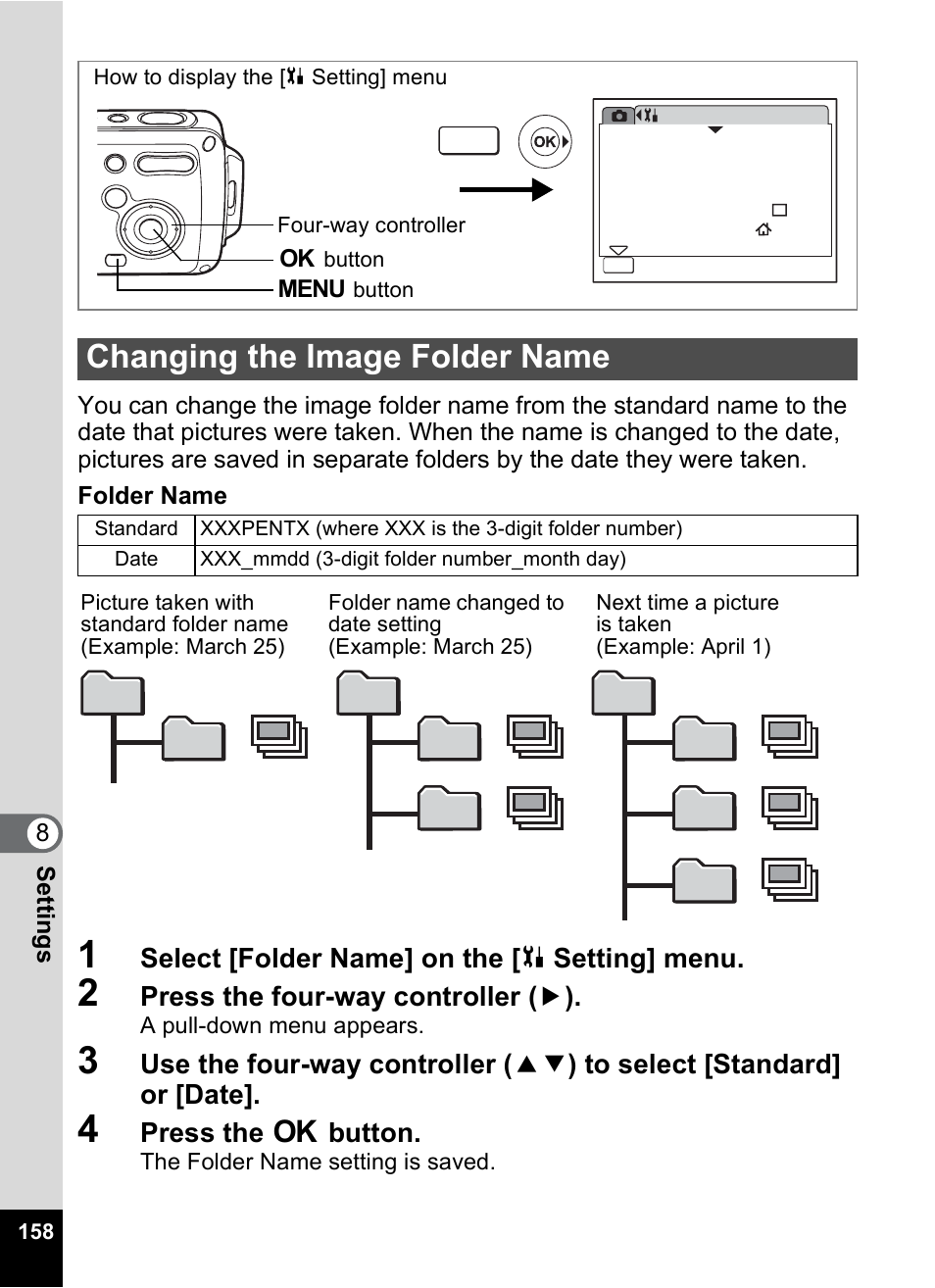 Changing the image folder name, P.158), P.158 | Select [folder name] on the [ u setting] menu, Press the four-way controller ( 5 ), Press the 4 button | Pentax OptioWP User Manual | Page 160 / 188