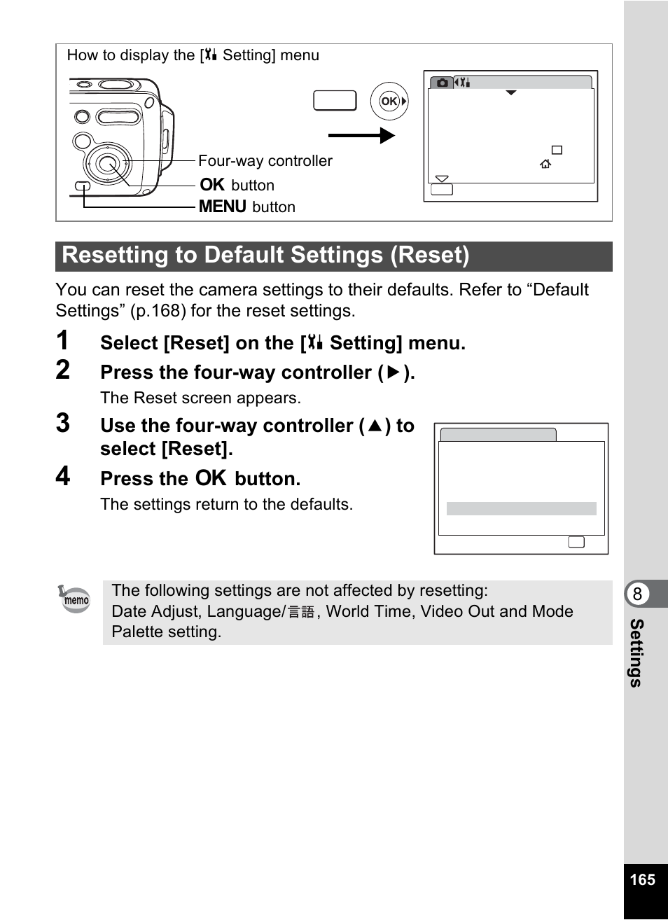 Resetting to default settings (reset), P.165, Select [reset] on the [ u setting] menu | Press the four-way controller ( 5 ), Use the four-way controller ( 2 ) to select [reset, Press the 4 button | Pentax OptioWP User Manual | Page 167 / 188
